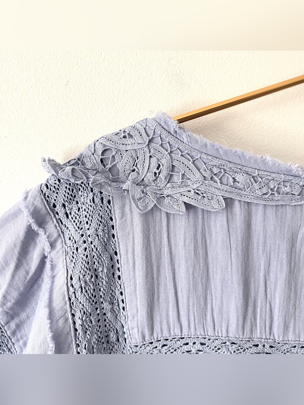 We the Free Rustic  Romance Boho Short Sleeve Lace Top in Dusty Blue Oversized M - Picture 12 of 15